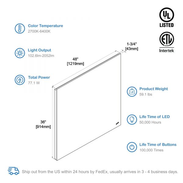 BLOSSOM Beta 48″x36″ LED Mirror with Frosted Edge