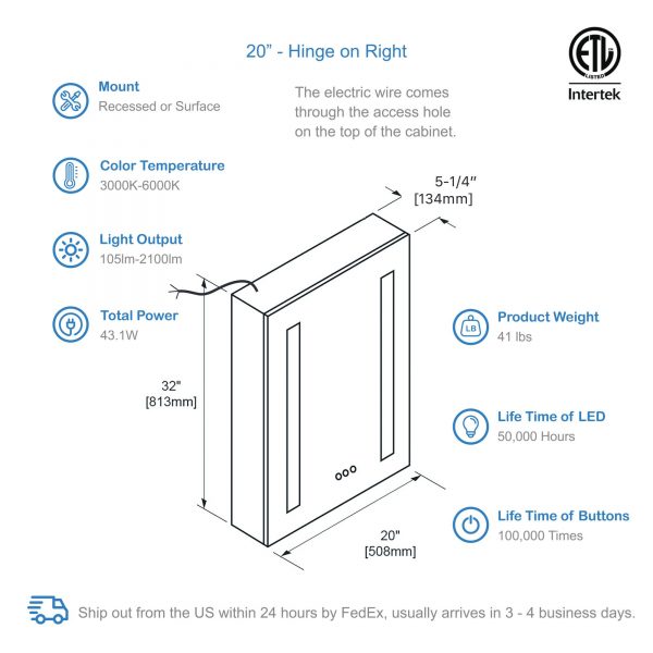 BLOSSOM Pillar 20x32 Inch LED Medicine Cabinet