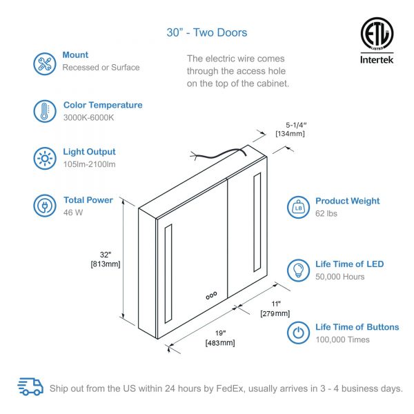 BLOSSOM Pillar 30x32 Inch LED Medicine Cabinet