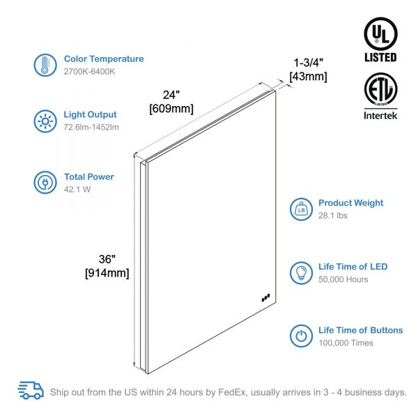 BLOSSOM Beta 24″x36″ LED Mirror with Frosted Edge