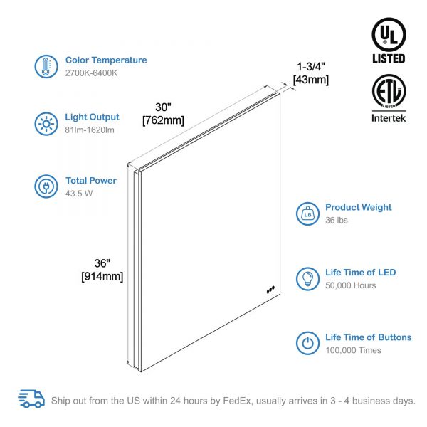 BLOSSOM Beta 30″x36″ LED Mirror with Frosted Edge