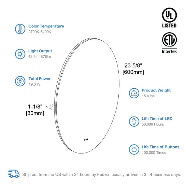 BLOSSOM Orion 24″ Round LED Mirror with Frosted Edge