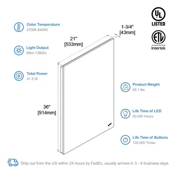 BLOSSOM Beta 21″x36″ LED Mirror with Frosted Edge